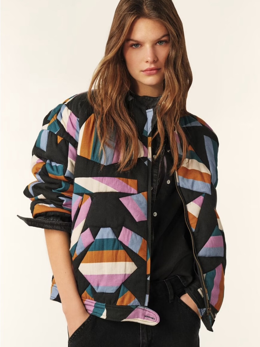 ba&sh PEGASE Multicolor Geometric Quilted Bomber Jacket (Size XS)
